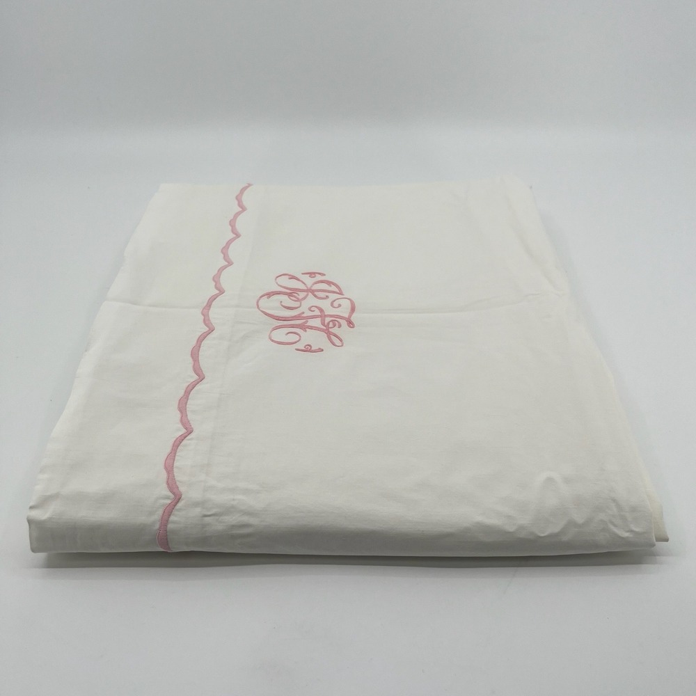 Vtg Wamsutta Supercale King Flat Sheet Cotton White Pink Monogram Scalloped USA